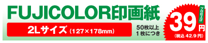 FUJICOLORデジカメプリント 2Lサイズ 50枚以上、1枚につき 39円